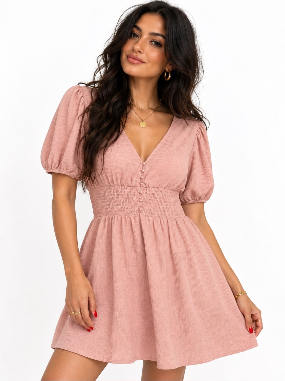 GB Fashion London Dusty Rose Smocked Puff Sleeve Mini Dress Size M Coquette
